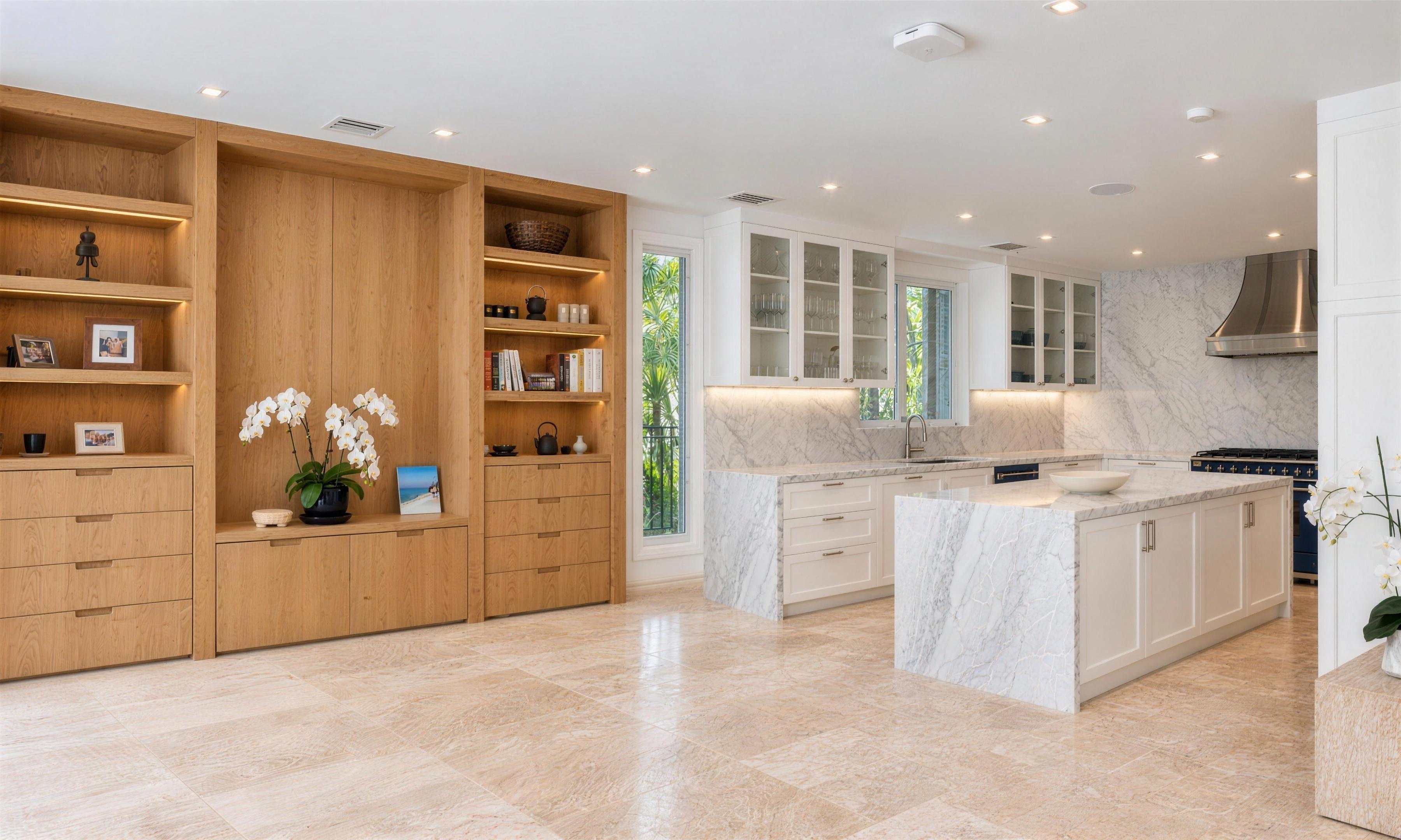 Coconut Grove: white oak library wall with the finished kitchen beyond