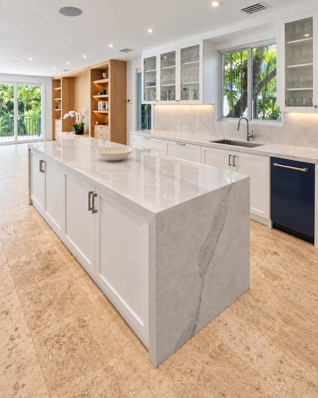 Marble island with a mitred waterfall return