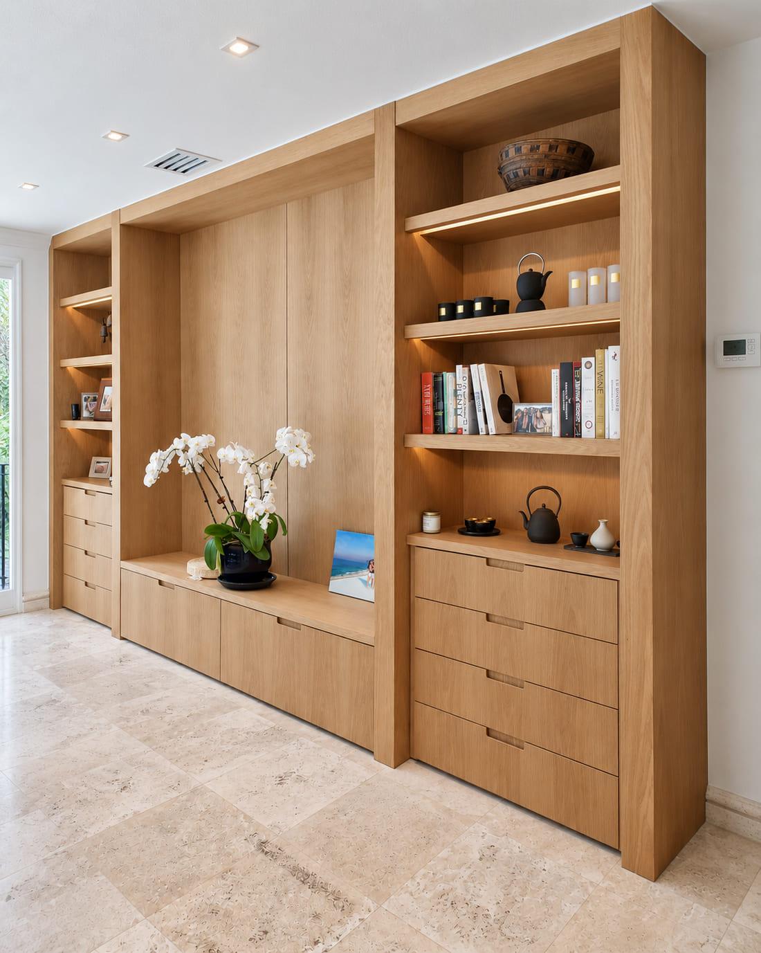 White oak library wall with open shelves, a low bench and deep drawers