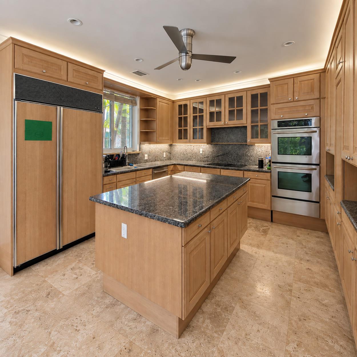 The panelled fridge blocking the window wall in the original kitchen