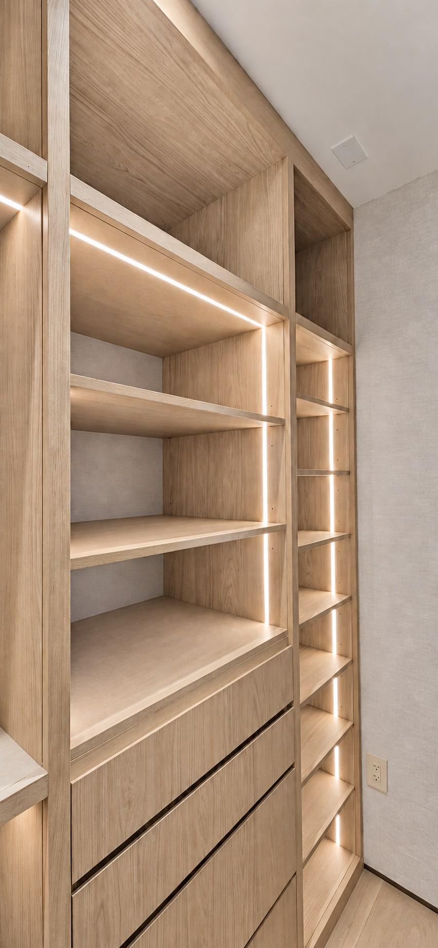 Oak dressing-room bays with light strips set into the uprights, open shelves over drawers