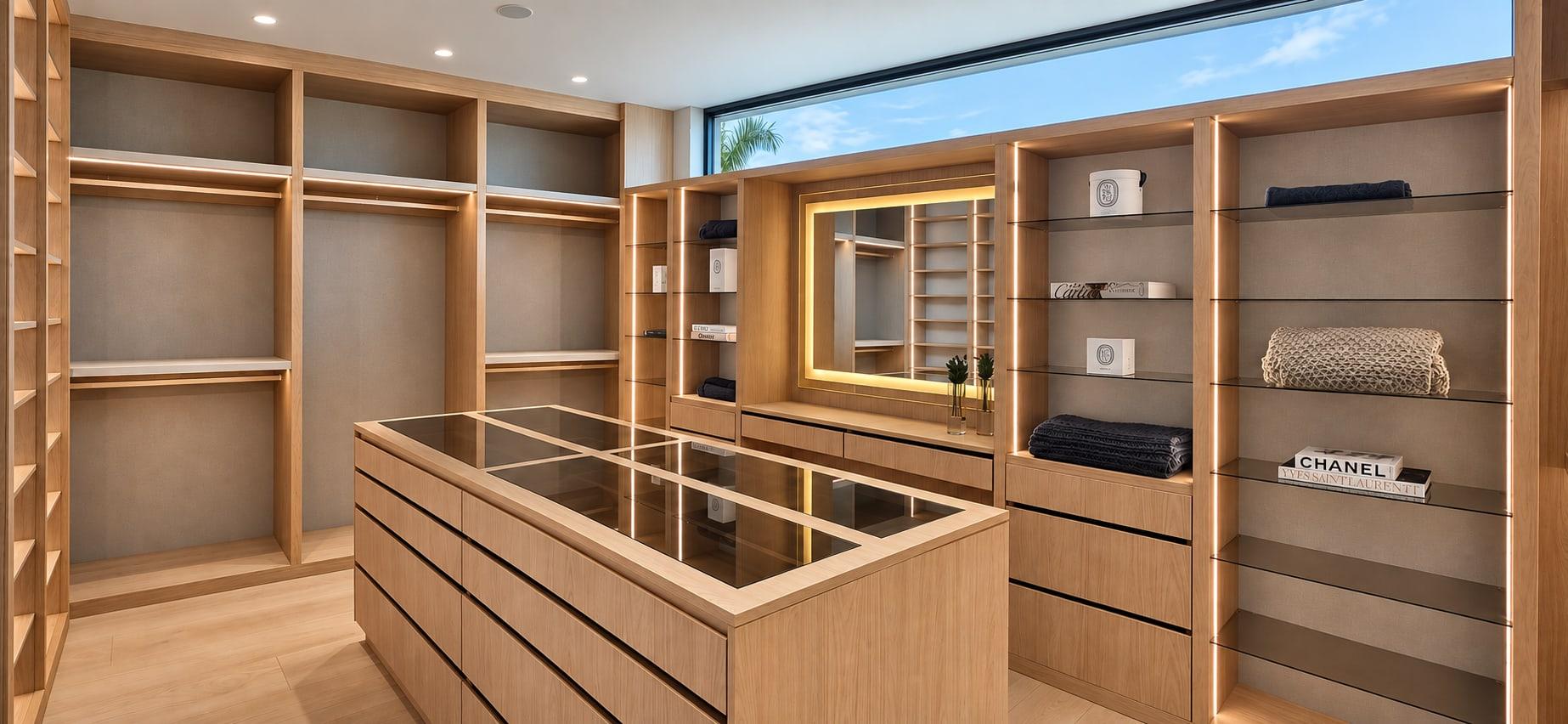 The dressing room finished in oak, seen from the corner: a glass-topped island, a lit mirror and glass shelves