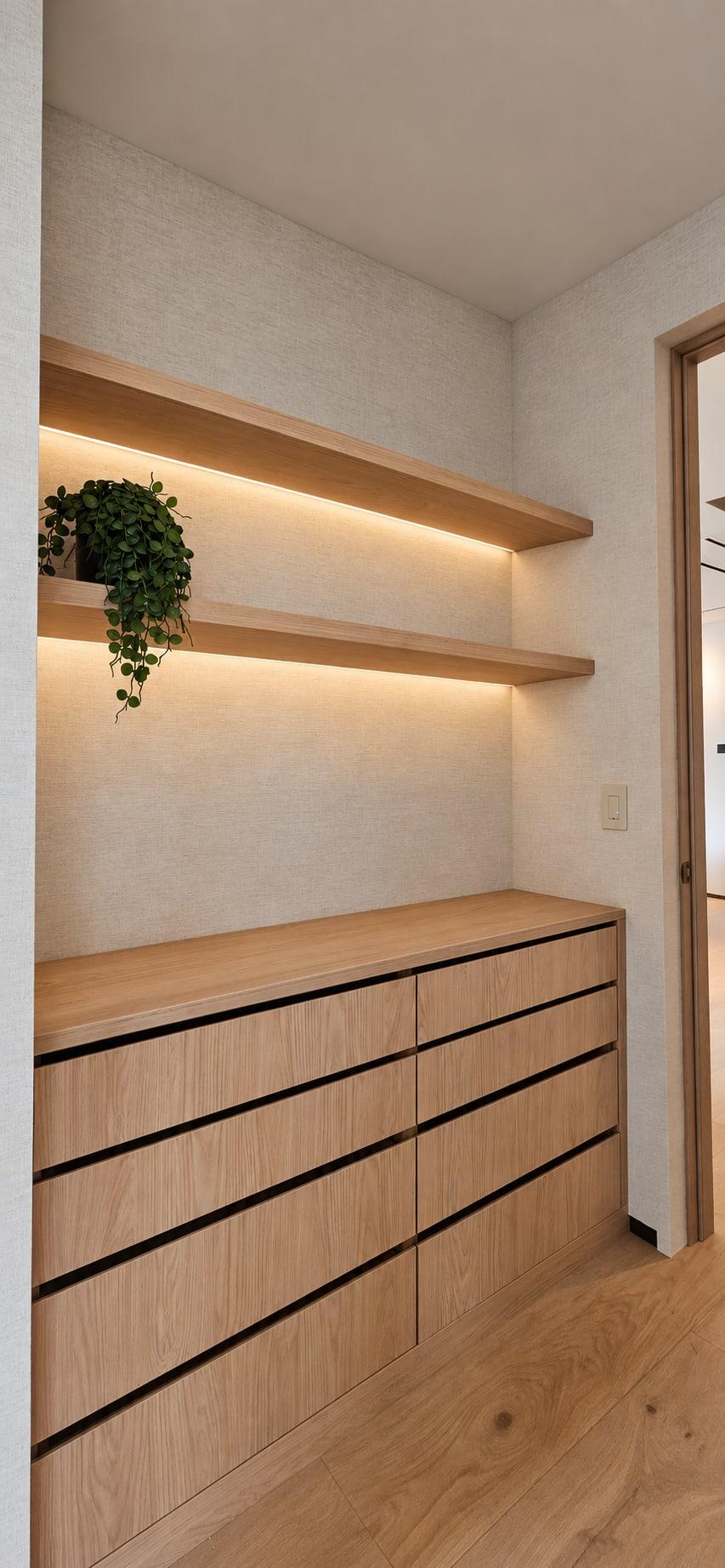 Built-in oak chest of drawers with recessed shadow-gap pulls, under two lit floating shelves