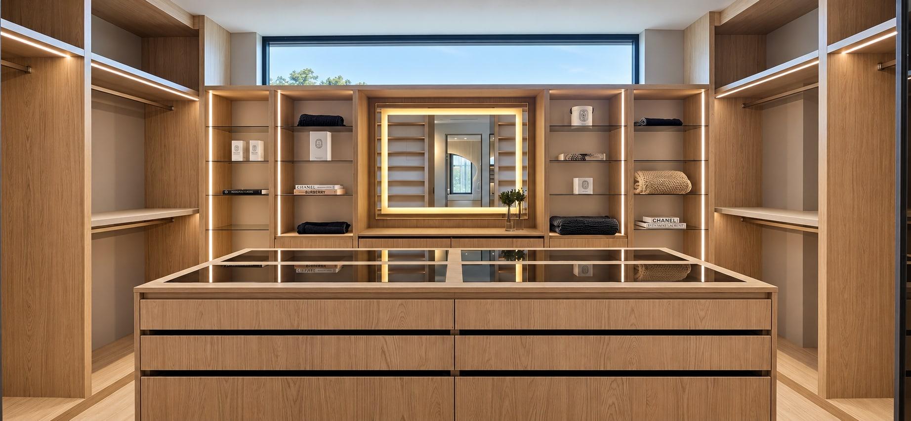 The finished dressing room in oak: a lit mirror under the clerestory, glass shelves and a glass-topped island