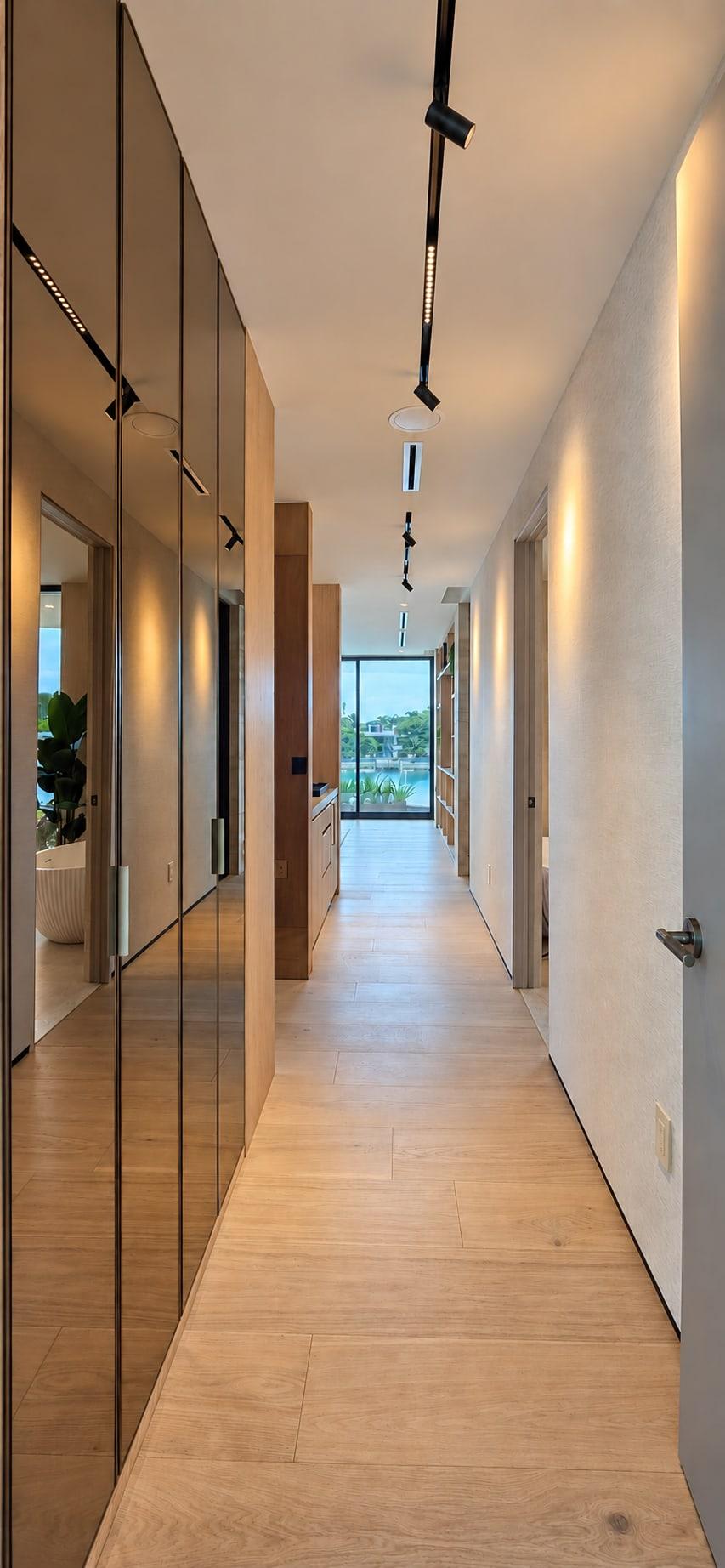 Hallway lined with bronze glass wardrobe fronts and oak, track lights overhead and the bay at the far end