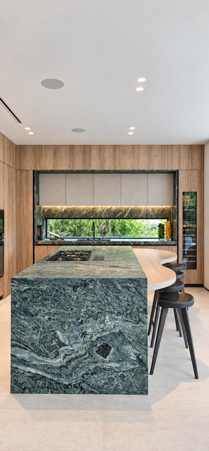 Green marble waterfall island with a curved oak breakfast bar and dark stools, the window splashback beyond