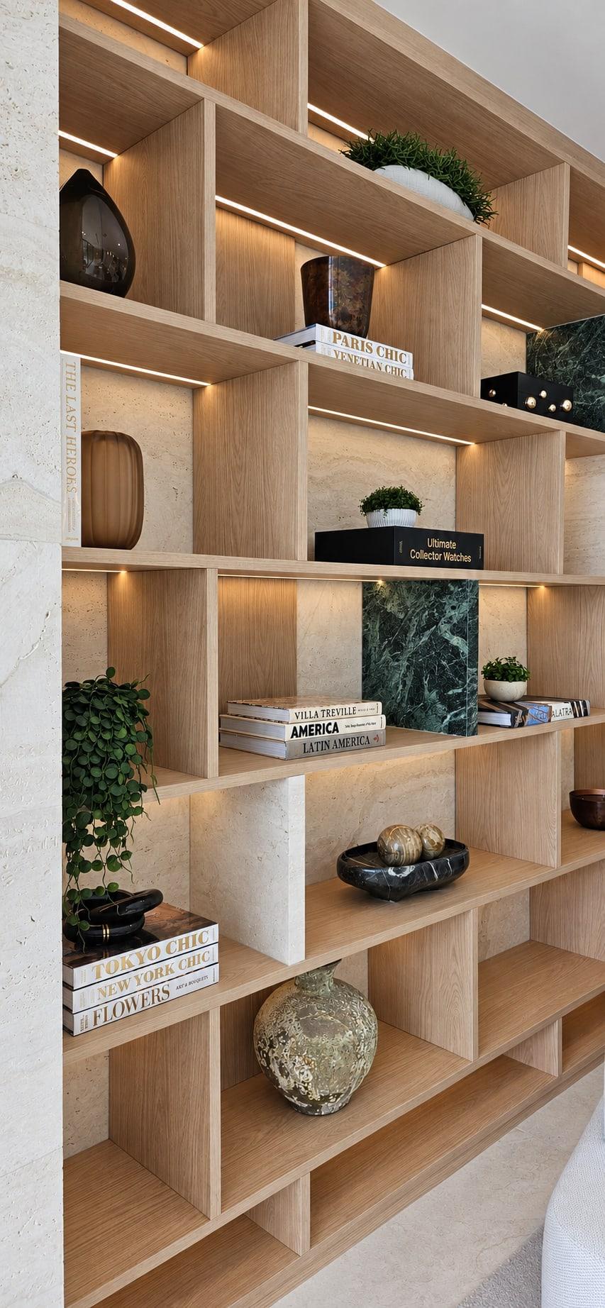 Oak library shelving lit under each shelf against travertine, with a block of green marble set into the grid