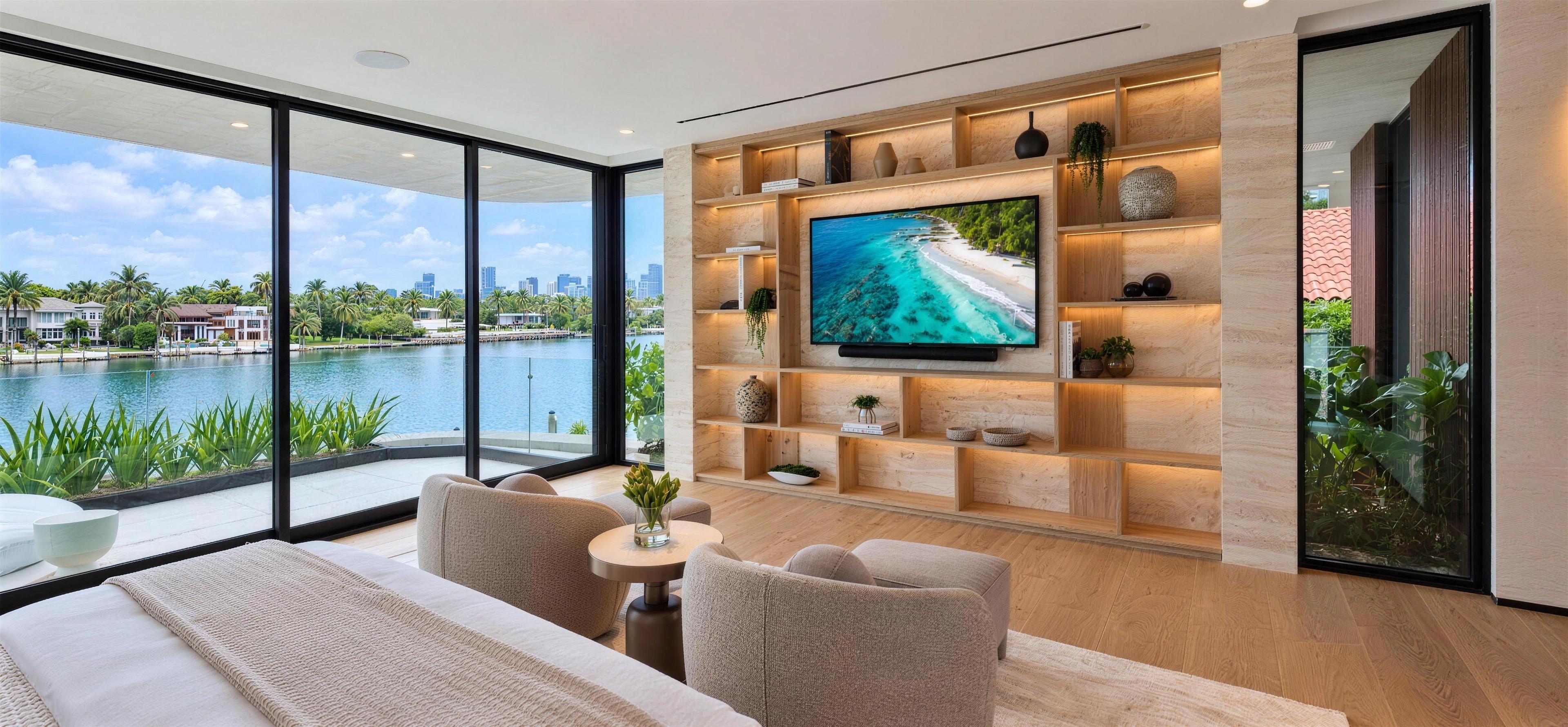 Hibiscus Island: the suite, a lit oak and travertine media wall with the bay through the glass