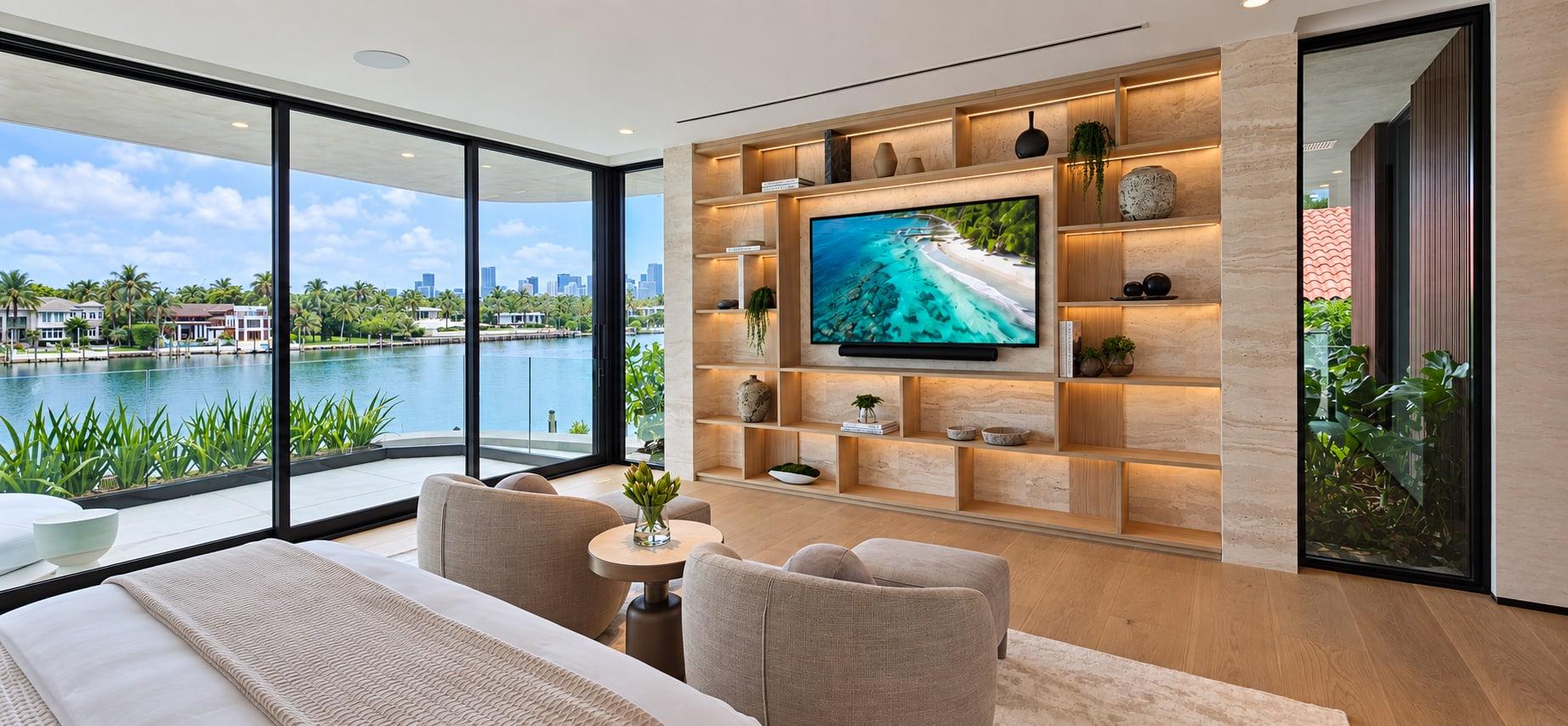 The finished primary suite: an oak and travertine media wall, a sitting area and the bay through the same glass