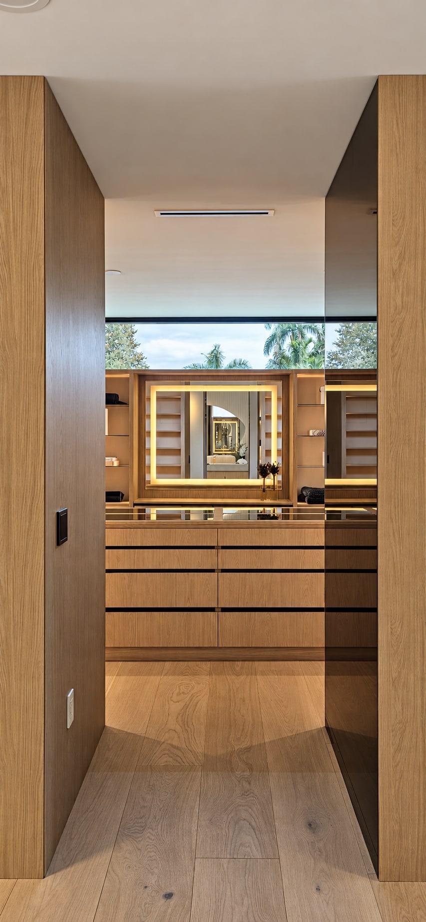 Oak-lined opening framing a dressing room, with a lit mirror and an island of drawers under a clerestory window