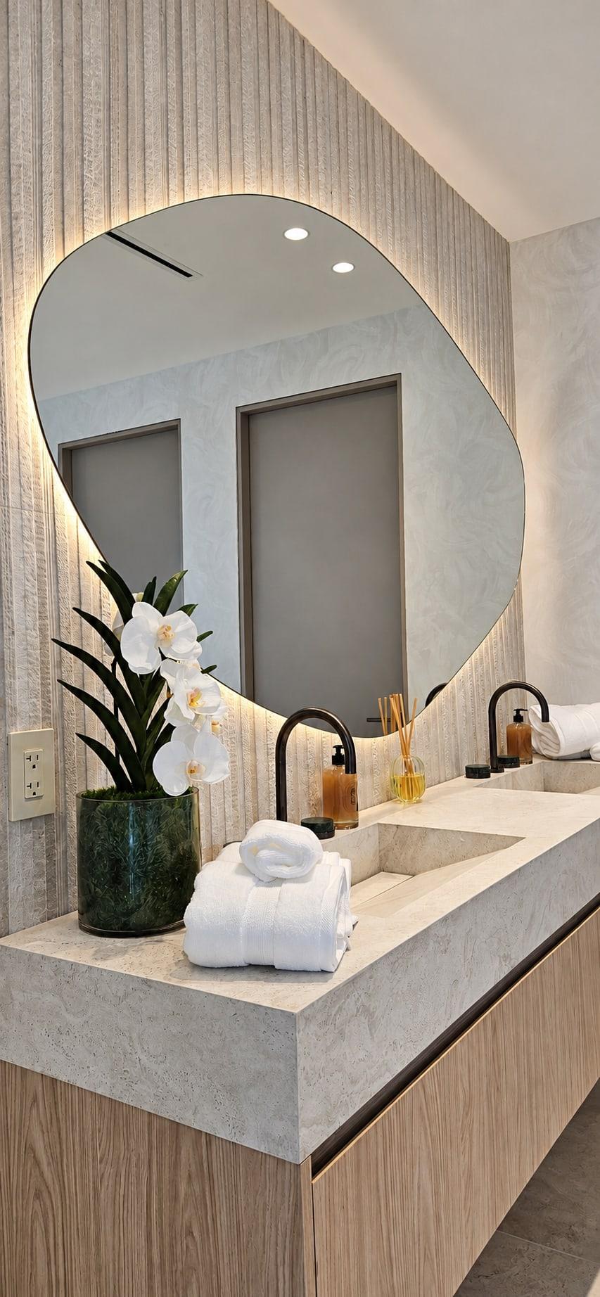Stone vanity with an integrated basin on a floating oak drawer, under a backlit mirror on a fluted stone wall