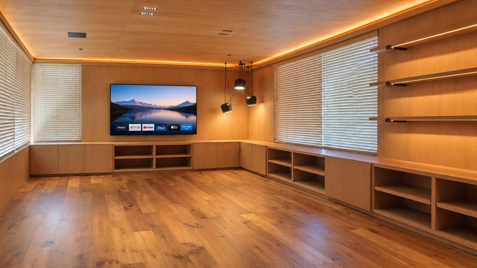 Den lined in oak on the walls and ceiling, a low run of open and closed cabinets under the screen and three black pendants