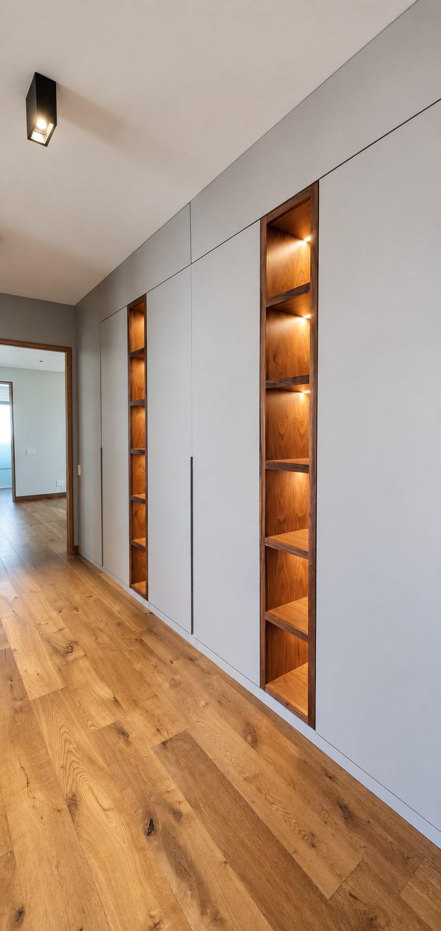 Upstairs landing lined with flush pale wardrobes, with lit walnut niches cut into the run