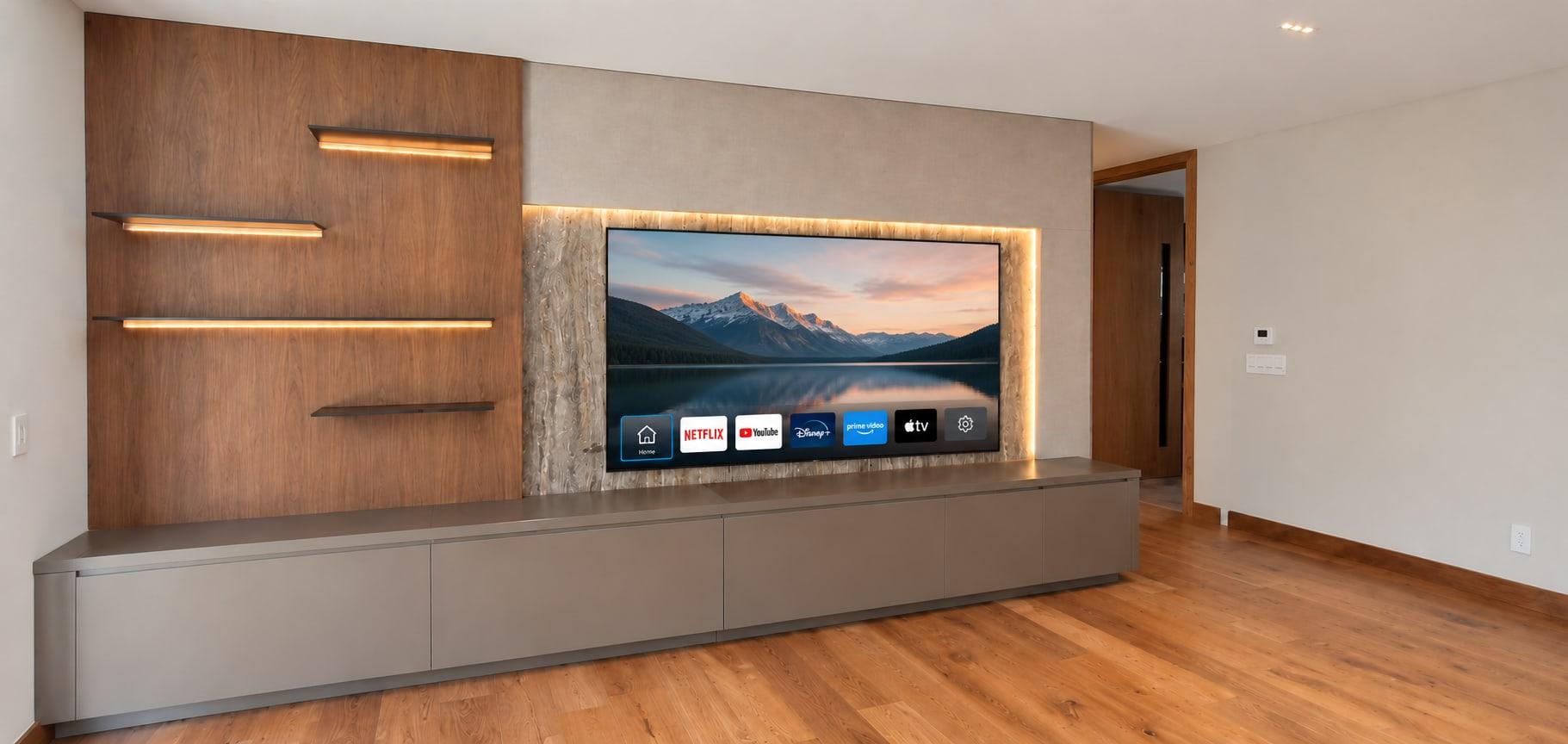 Media wall with lit walnut shelves on the left, the screen framed in backlit travertine and a long taupe lacquer cabinet