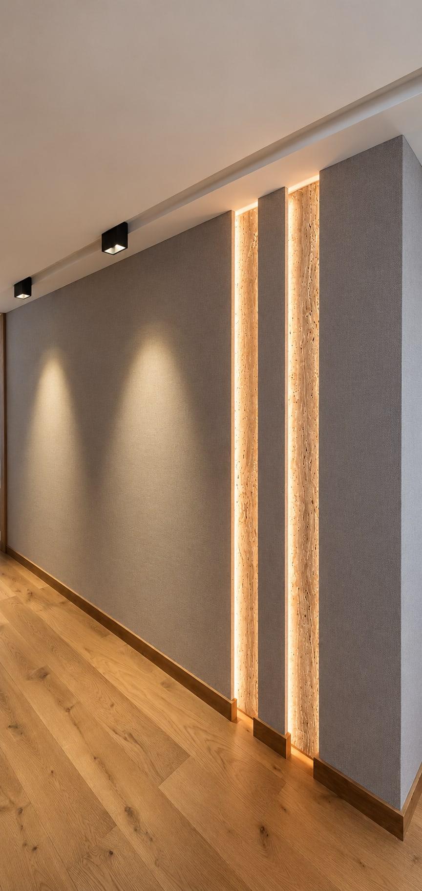 Grey upholstered wall broken by two lit reveals with a strip of travertine between them