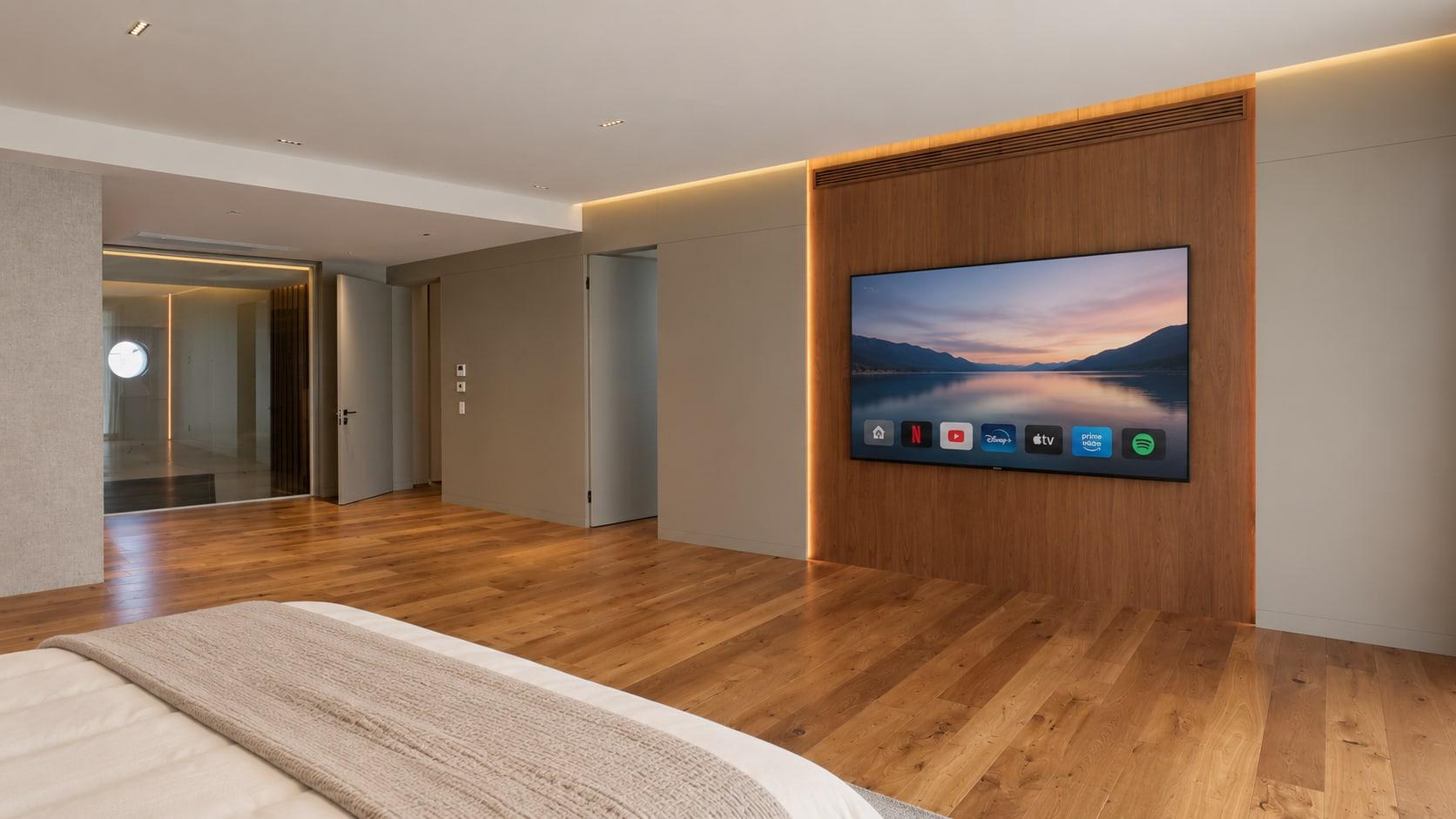 The finished primary suite: the screen on a full-height walnut wall lit at its edges, flush doors and a glass entry