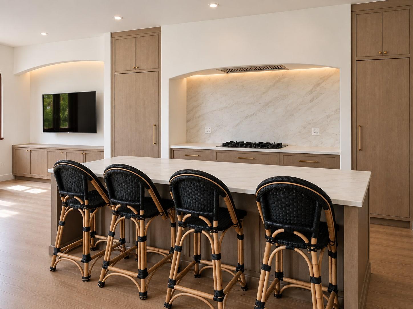 The finished cooking wall: a lit plaster arch with a marble back and a gas hob, between two tall oak units, with the oak island in front