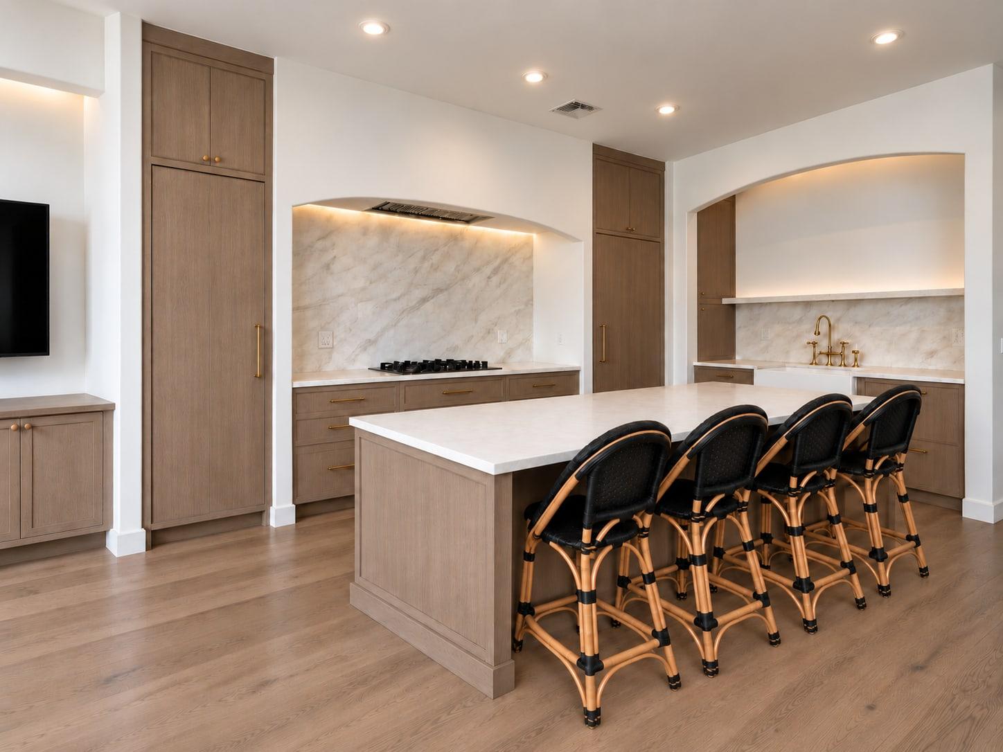 The finished island in oak with a pale stone top and four rattan stools, the cooktop and sink alcoves behind it