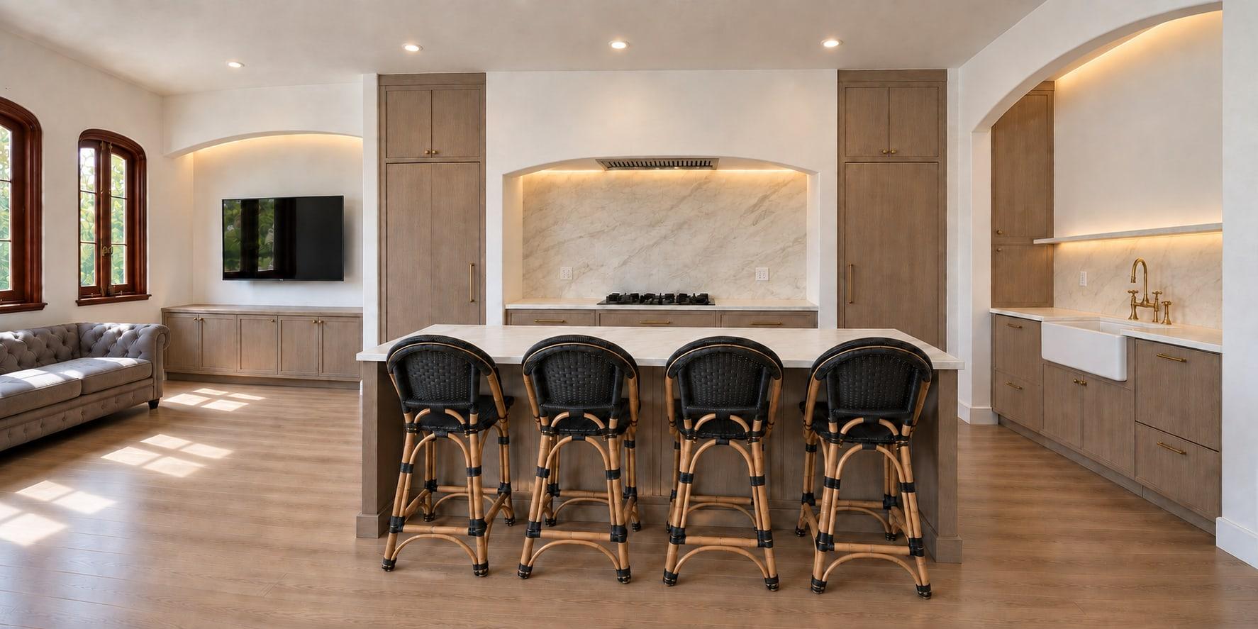 The finished kitchen: three lit plaster arches for the screen, the cooktop and the sink, tall oak units between them and an oak island with four stools