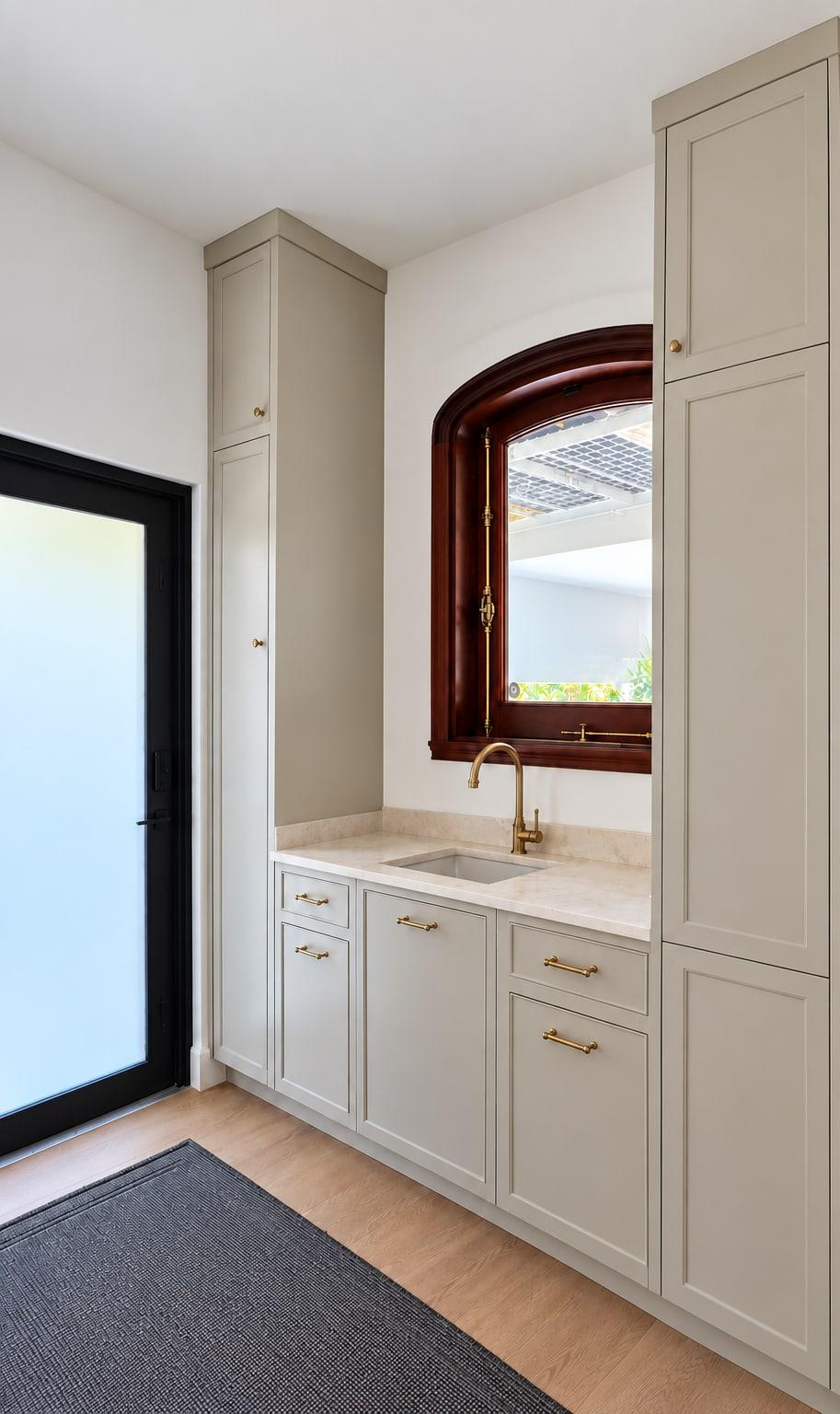 Pale painted tall units and base cupboards with a small sink and a brass tap under an arched mahogany window