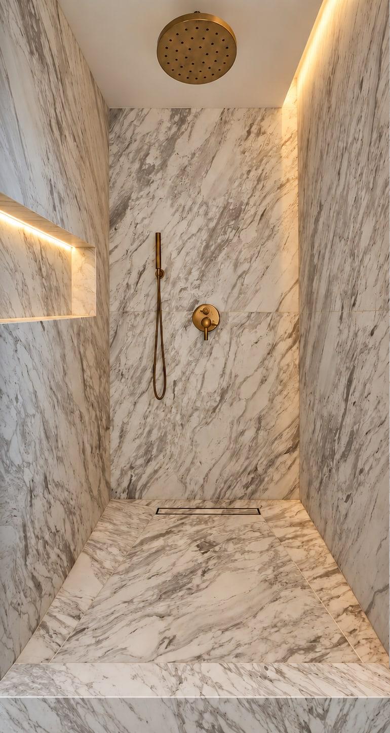 Walk-in shower lined in grey-veined white marble, with a lit niche, a linear drain and a brass rain head and hand shower