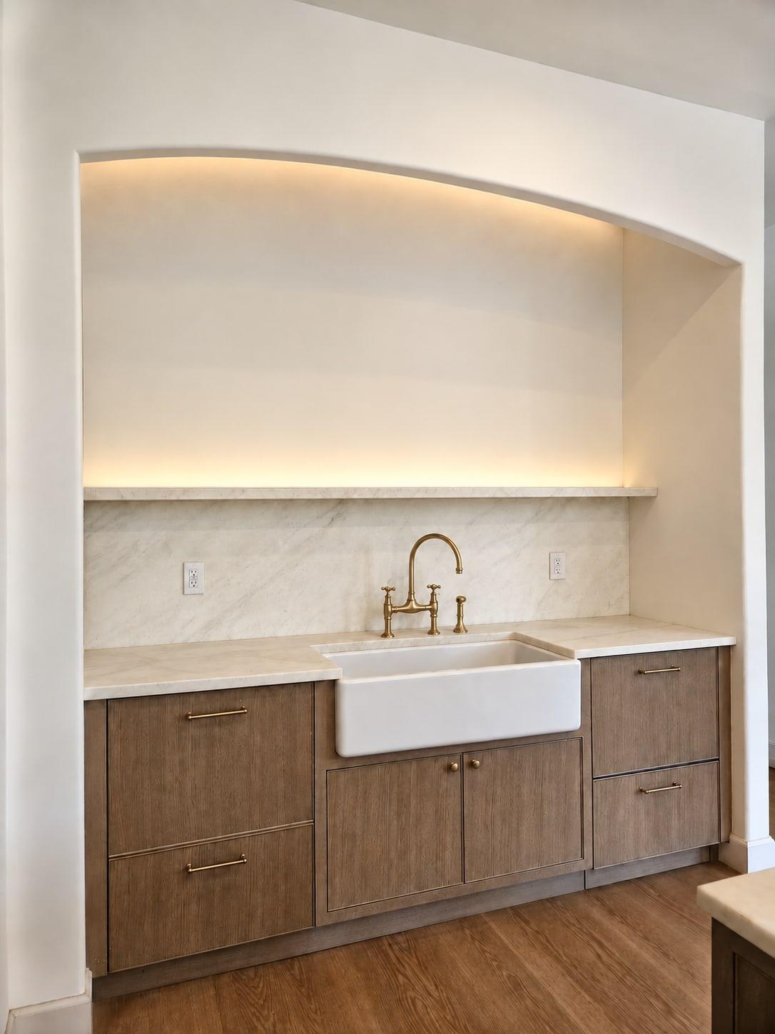 The same wall finished: an arched alcove lit along its head, with a marble splashback and shelf, a fireclay sink, a brass tap and oak drawers