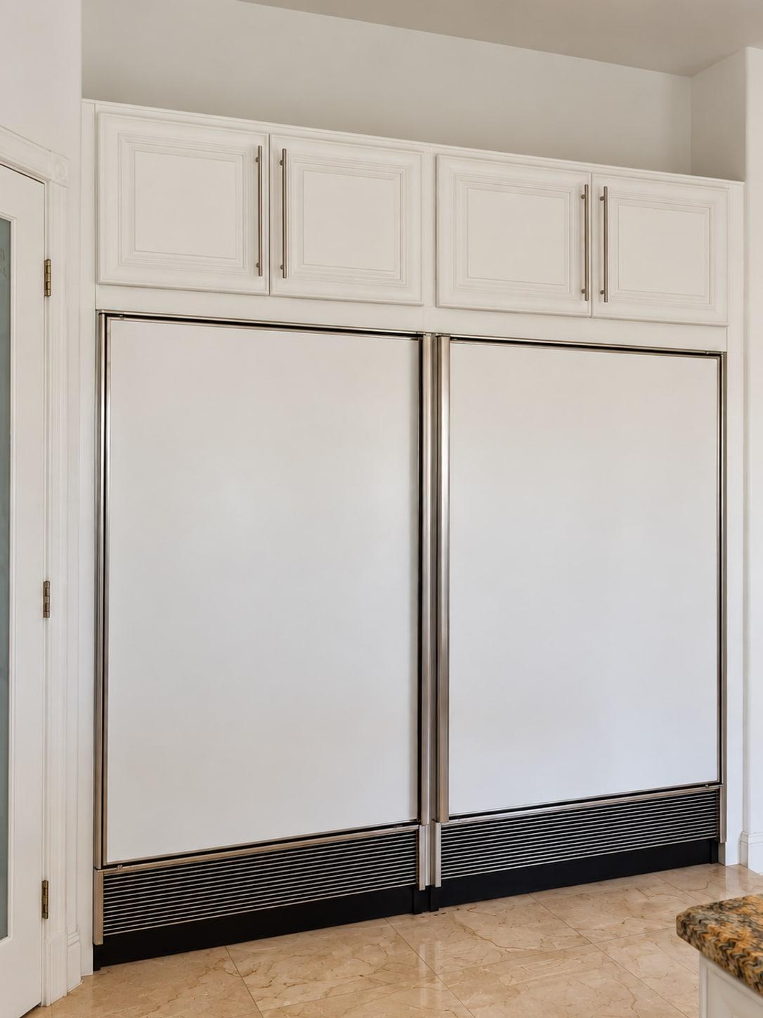 The kitchen as received: two built-in fridges in steel frames under raised-panel cupboards, beside a frosted glass door