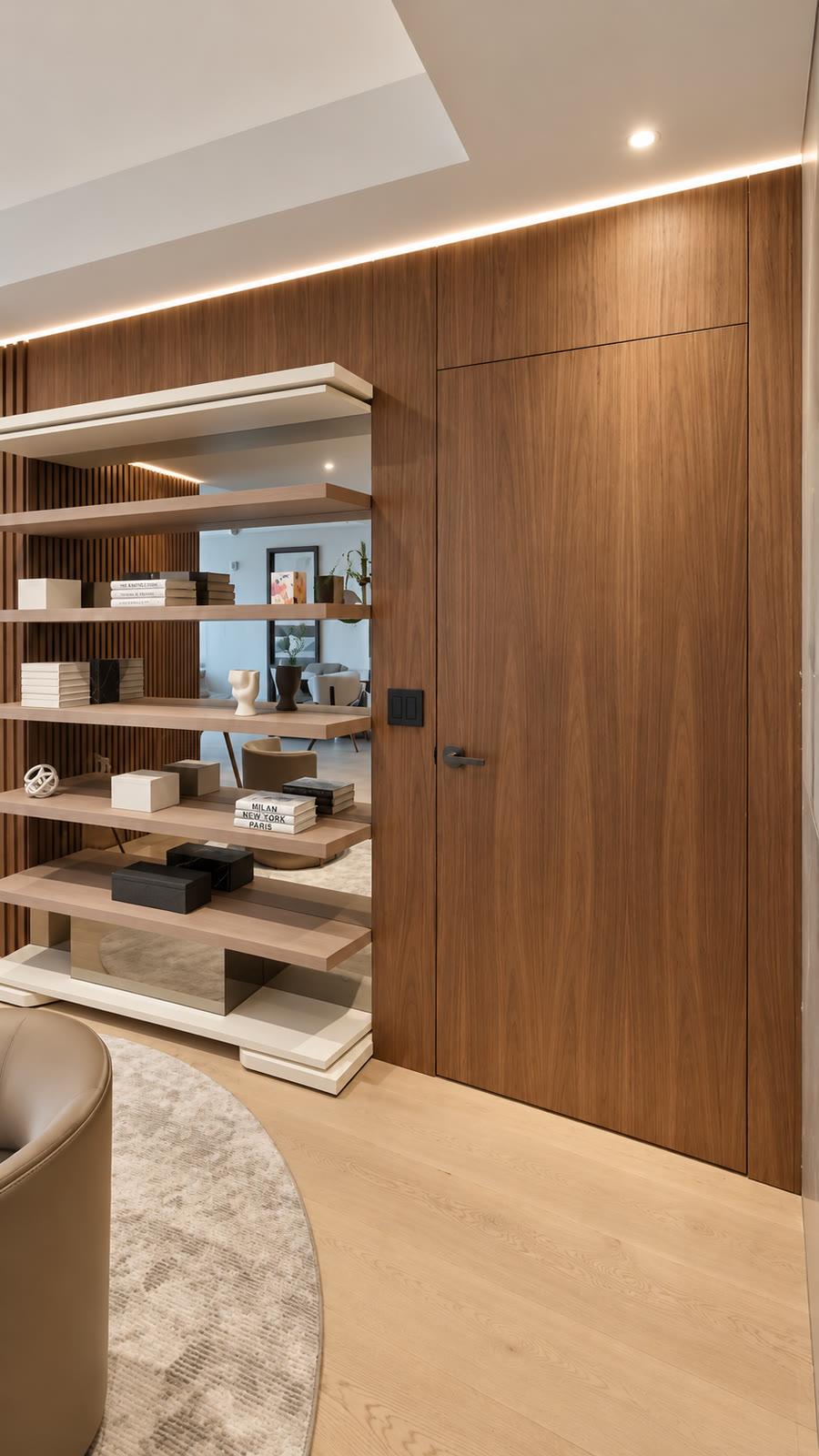 Flush walnut door with no architrave