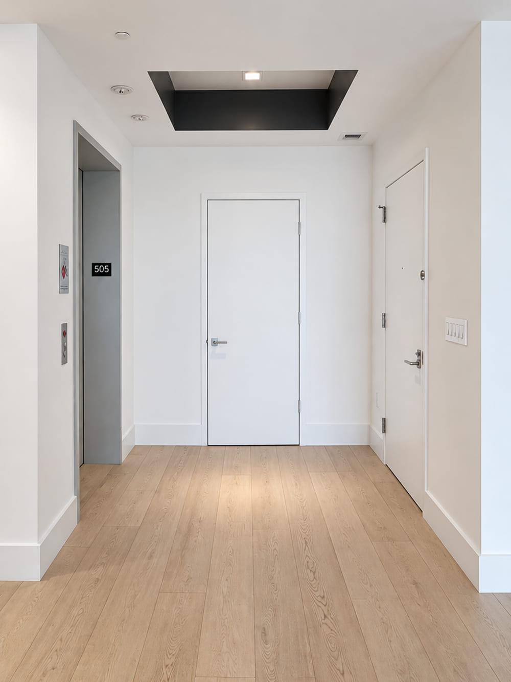 The entrance as received: white walls, three flat doors and a black ceiling recess