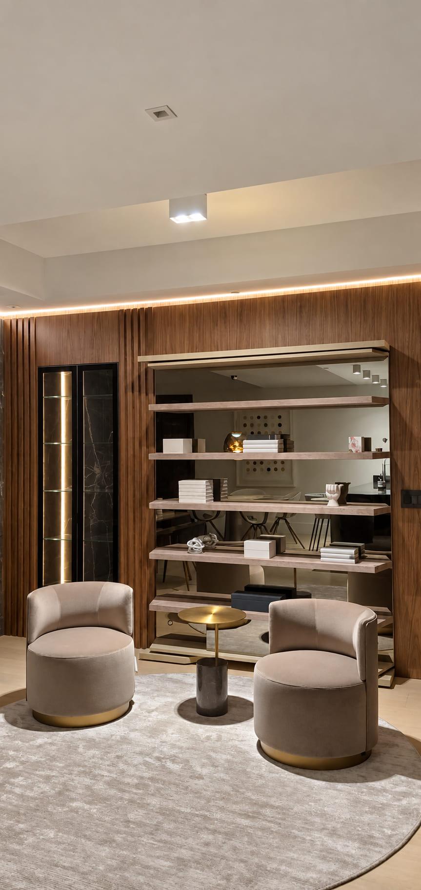 Brass and glass shelves in a walnut display unit