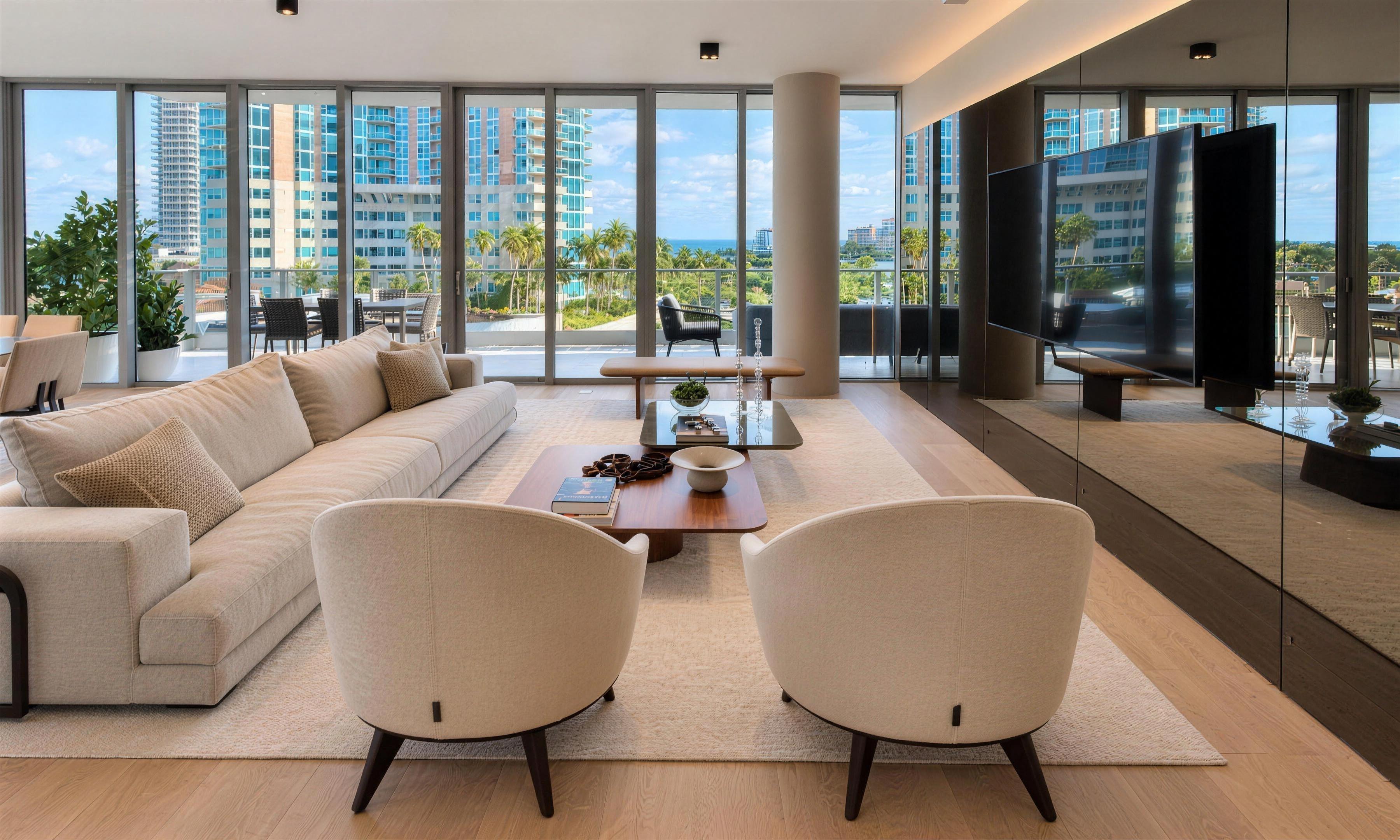 Marea PH: the finished living room, with the mirrored wall and the water beyond