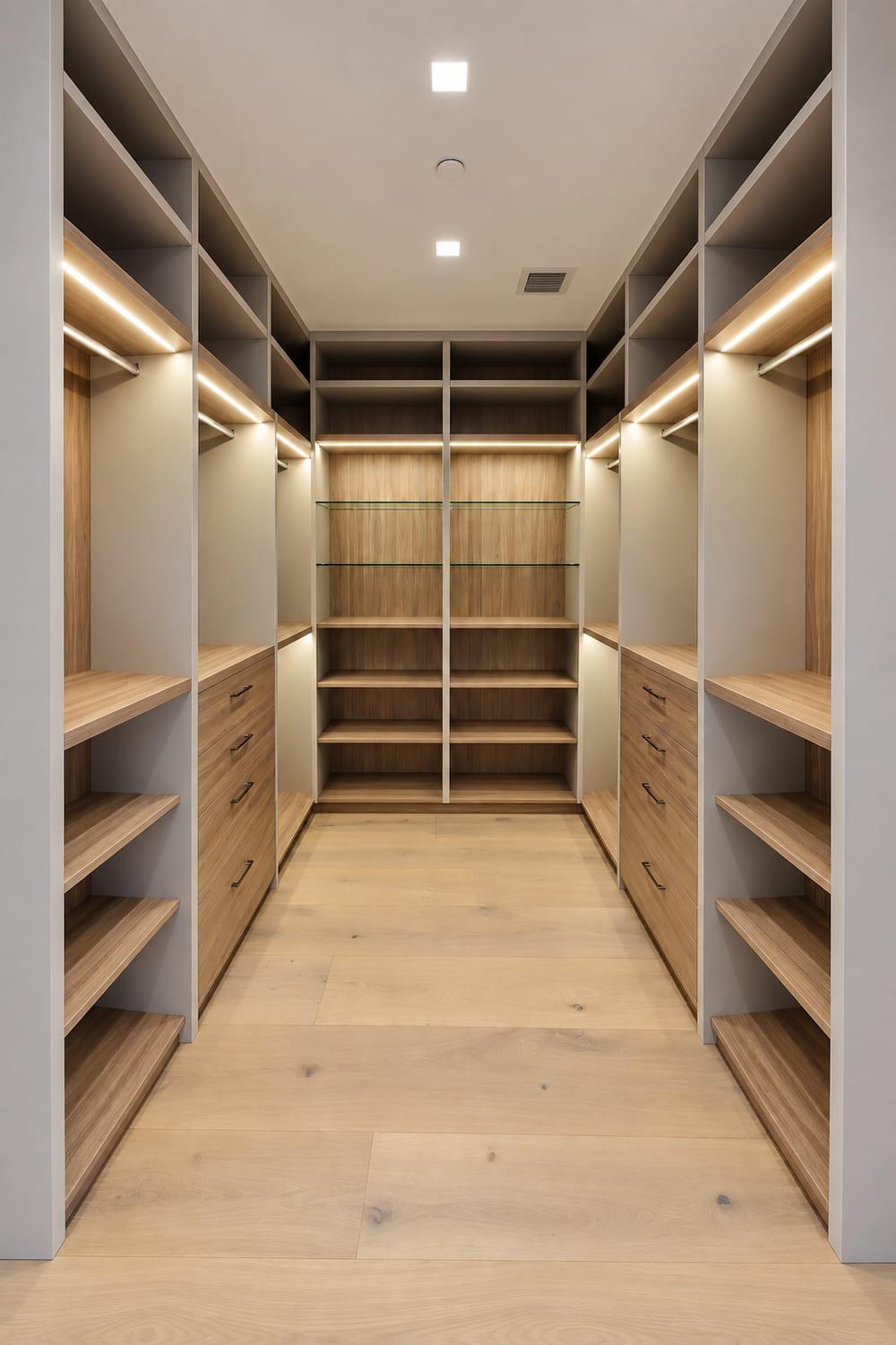 Walk-in dressing room in oak with lit hanging rails, drawers and glass shelves