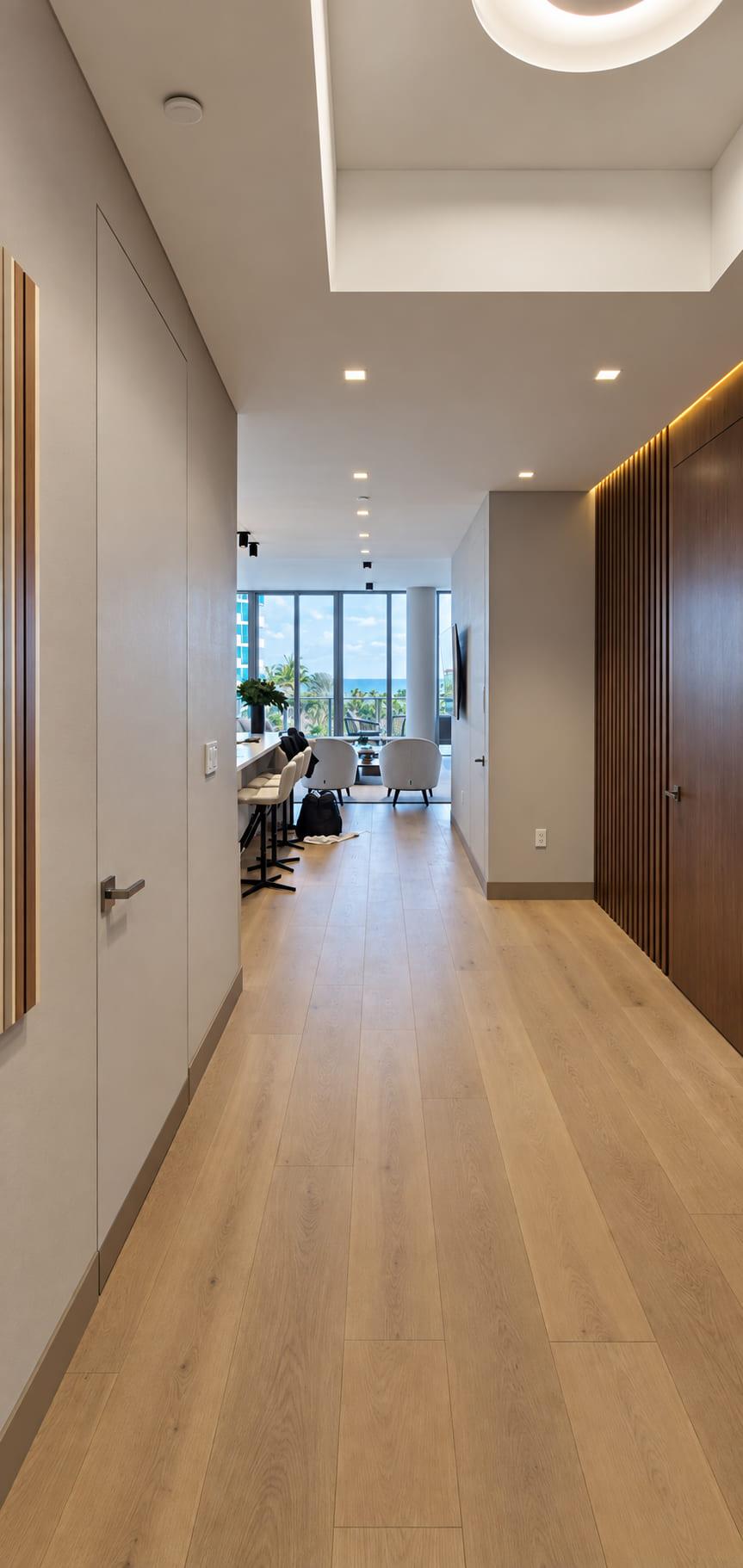 The finished corridor in oak, with flush doors and a walnut slat wall