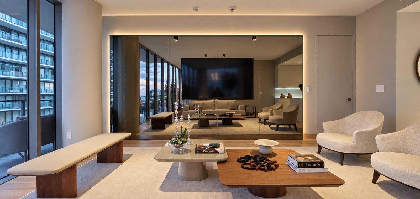 The same wall as a mirrored panel in a lit reveal, reflecting the room and the windows