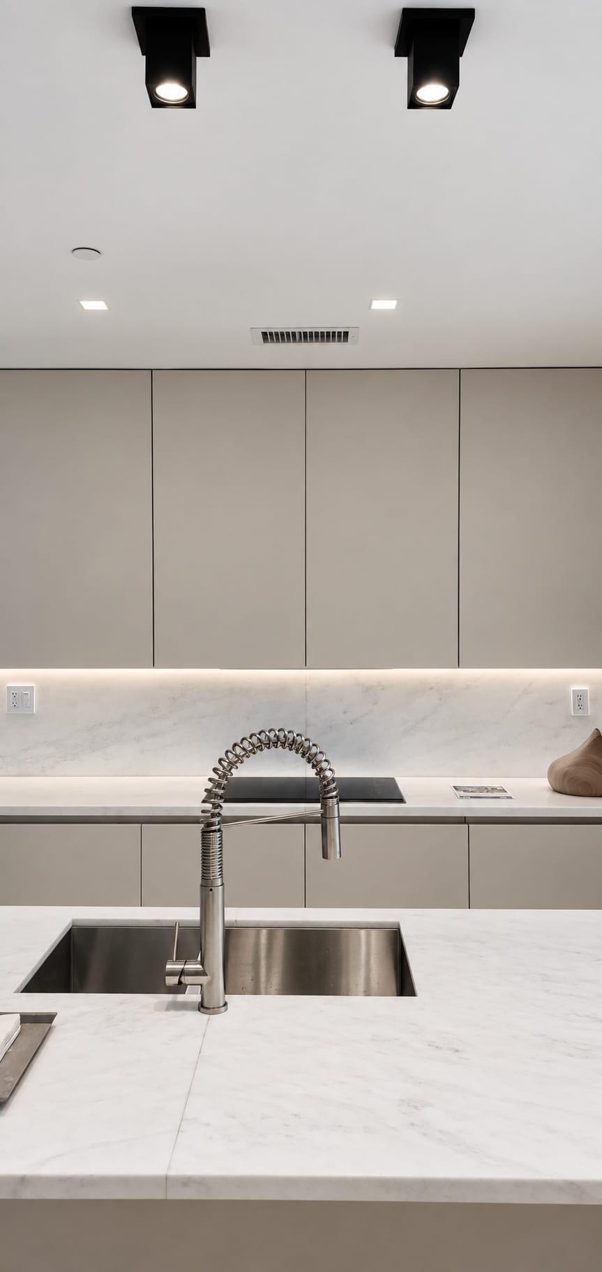 Undermount sink in a stone top with the same stone carried up as a splashback