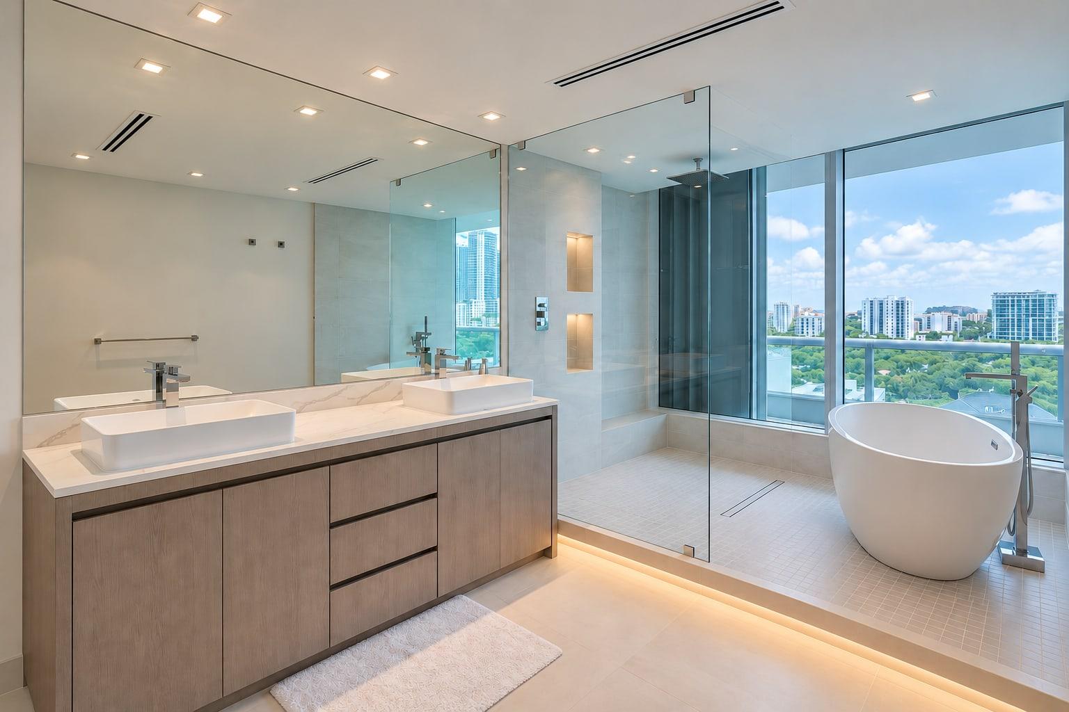Primary bath with a long vanity under a full-width mirror, a glass shower and a freestanding tub at a window over the city, a lit step along the floor