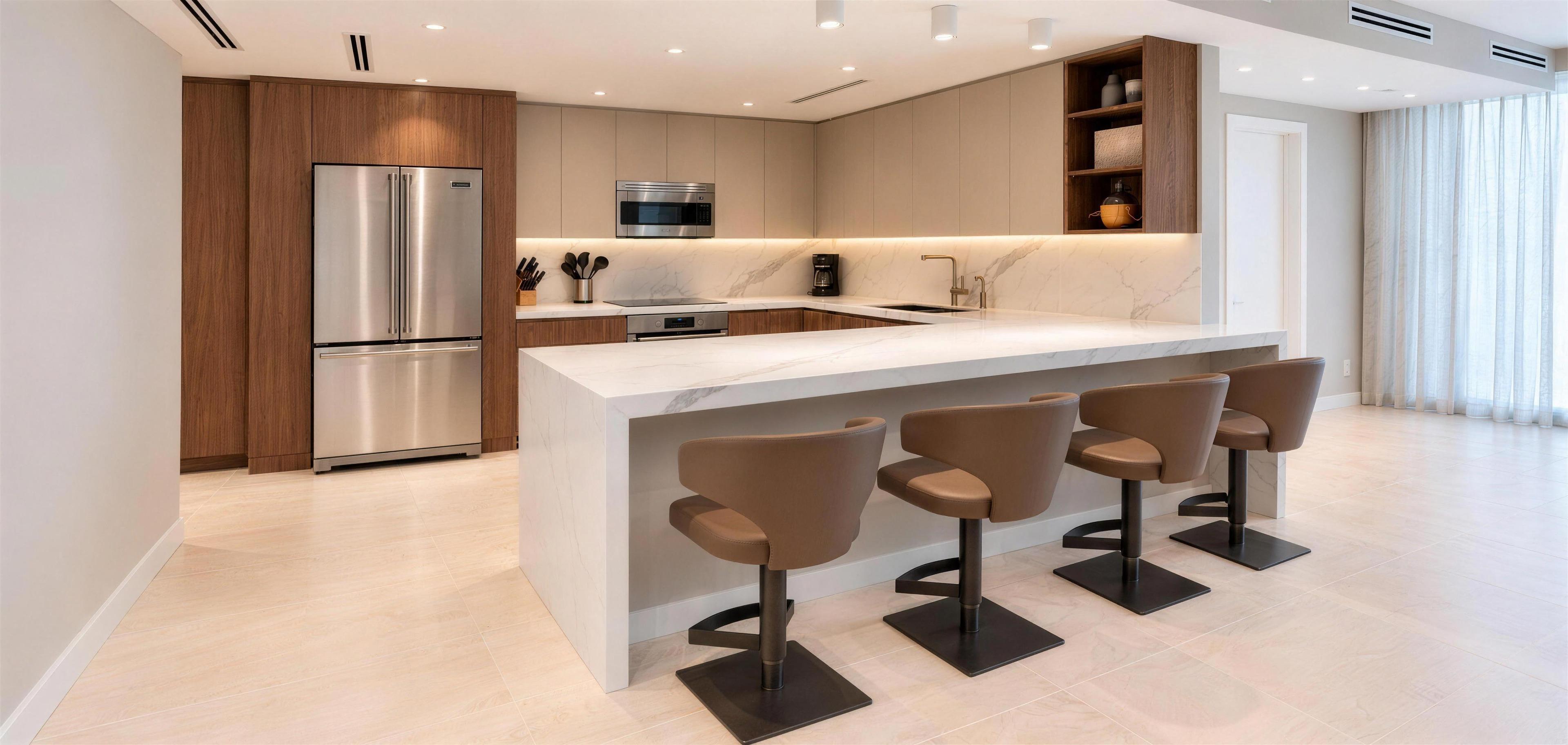 Santa Maria: a walnut kitchen under taupe lacquer, with a white marble waterfall peninsula and four leather stools
