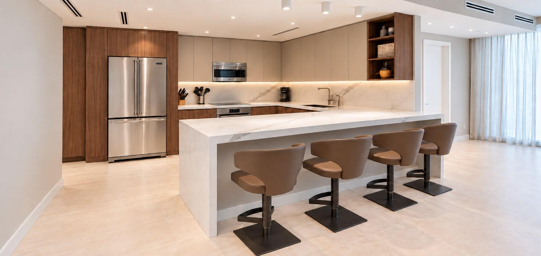 The finished kitchen: walnut tall units round the fridge, taupe lacquer cupboards, a lit marble splashback and a white marble waterfall peninsula with four stools