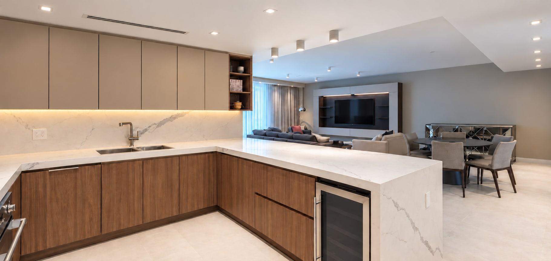 Walnut base cupboards and taupe lacquer wall units round an L of white marble with a lit splashback, the living room and its media wall beyond